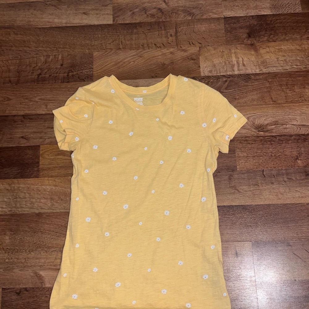 PINK Victoria's Secret Yellow T-Shirt with White Floral Accents